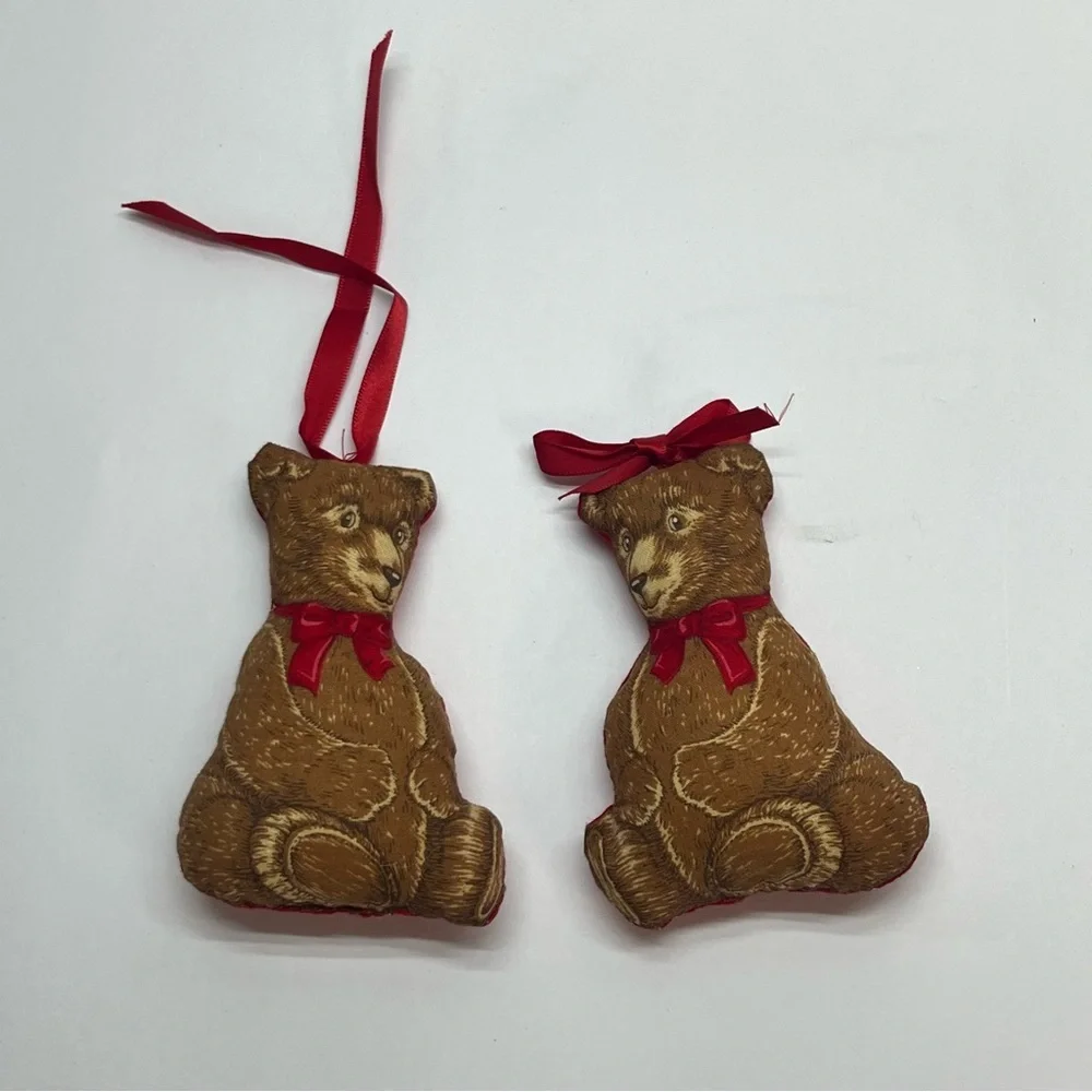 vinage christmas fabric plush teddy bears brown red ribbon pair‎ 4.5 inches